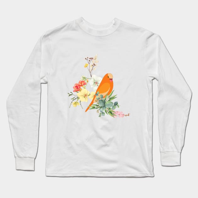 Blooming Flowers and Orange Color parrot Colorful Art Long Sleeve T-Shirt by WARNAWALIYA “The Gallery of Imagination”